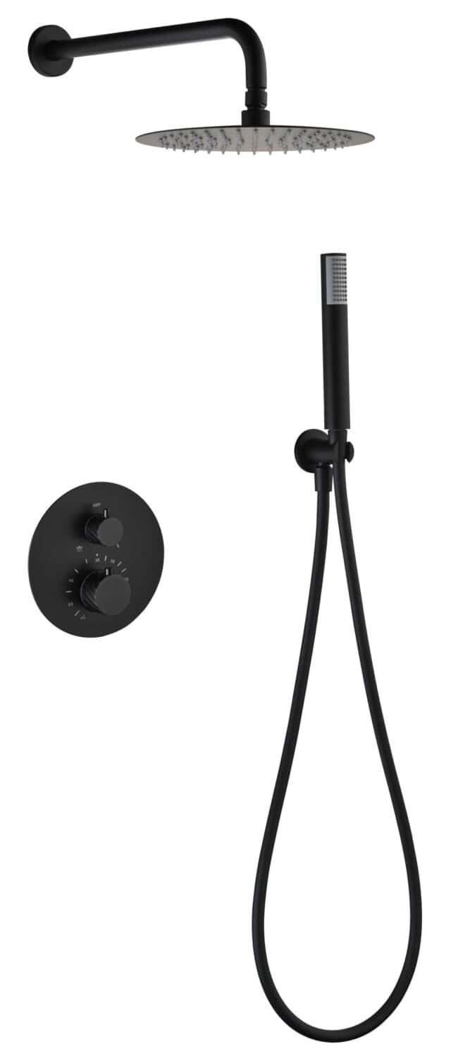 Stilvolles thermostatisches Unterputz-Duschsystem in Mattschwarz, Kopfbrause Ø25 cm und separatem Handbrausenset. Wandanschluss. Erhältlich in 6 Farben und mit 5 Jahren Garantie. Charakteristisch für die Toscana Serie ist das gedrehte Relief an der Bedien
