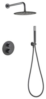 Luxuriöses thermostatisches Unterputz-Duschsystem in Black Gun Metal mit PVD-Beschichtung, Kopfbrause Ø25 cm und separatem Handbrausenset. Wandanschluss. Erhältlich in 6 Farben und mit 5 Jahren Garantie. Charakteristisch für die Toscana Serie ist das gedr