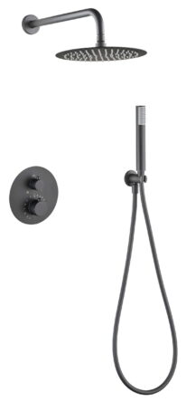 Luxuriöses thermostatisches Unterputz-Duschsystem in Black Gun Metal mit PVD-Beschichtung, Kopfbrause Ø25 cm und separatem Handbrausenset. Wandanschluss. Erhältlich in 6 Farben und mit 5 Jahren Garantie. Charakteristisch für die Toscana Serie ist das gedr