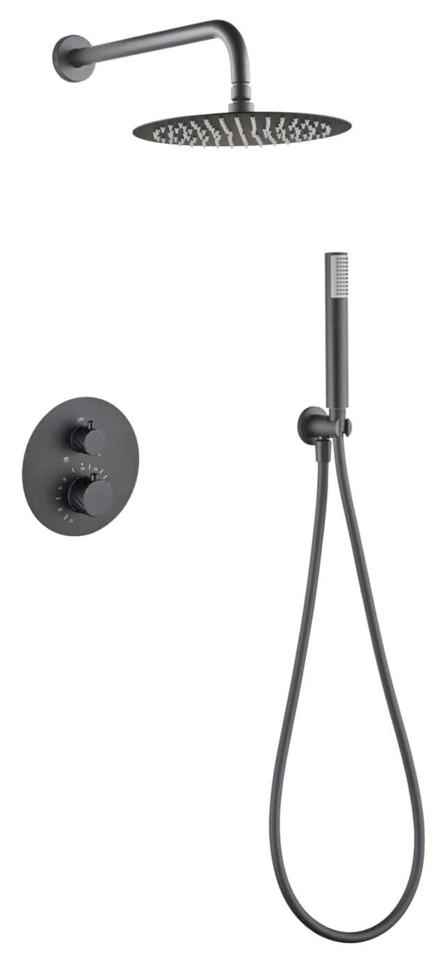 Luxuriöses thermostatisches Unterputz-Duschsystem in Black Gun Metal mit PVD-Beschichtung, Kopfbrause Ø25 cm und separatem Handbrausenset. Wandanschluss. Erhältlich in 6 Farben und mit 5 Jahren Garantie. Charakteristisch für die Toscana Serie ist das gedr