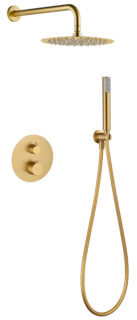 Thermostatisches Unterputz-Duschsystem in gebürstetem Gold mit PVD-Beschichtung, Kopfbrause Ø25 cm und separatem Handbrausenset. Wandanschluss. Erhältlich in 6 Farben und mit 5 Jahren Garantie. Charakteristisch für die Toscana Serie ist das gedrehte Relie