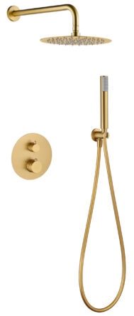 Thermostatisches Unterputz-Duschsystem in gebürstetem Gold mit PVD-Beschichtung, Kopfbrause Ø25 cm und separatem Handbrausenset. Wandanschluss. Erhältlich in 6 Farben und mit 5 Jahren Garantie. Charakteristisch für die Toscana Serie ist das gedrehte Relie