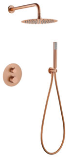 Stilvolles thermostatisches Unterputz-Duschsystem in gebürstetem Kupfer mit PVD-Beschichtung, Kopfbrause Ø25 cm und separatem Handbrausenset. Wandanschluss. Erhältlich in 6 Farben und mit 5 Jahren Garantie. Charakteristisch für die Toscana Serie ist das g
