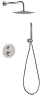 Modernes thermostatisches Unterputz-Duschsystem in gebürstetem Nickel, Kopfbrause Ø25 cm und separatem Handbrausenset. Wandanschluss. Erhältlich in 6 Farben und mit 5 Jahren Garantie. Charakteristisch für die Toscana Serie ist das gedrehte Relief an der B
