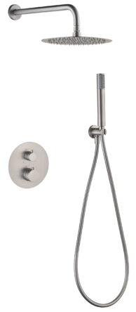Modernes thermostatisches Unterputz-Duschsystem in gebürstetem Nickel, Kopfbrause Ø25 cm und separatem Handbrausenset. Wandanschluss. Erhältlich in 6 Farben und mit 5 Jahren Garantie. Charakteristisch für die Toscana Serie ist das gedrehte Relief an der B