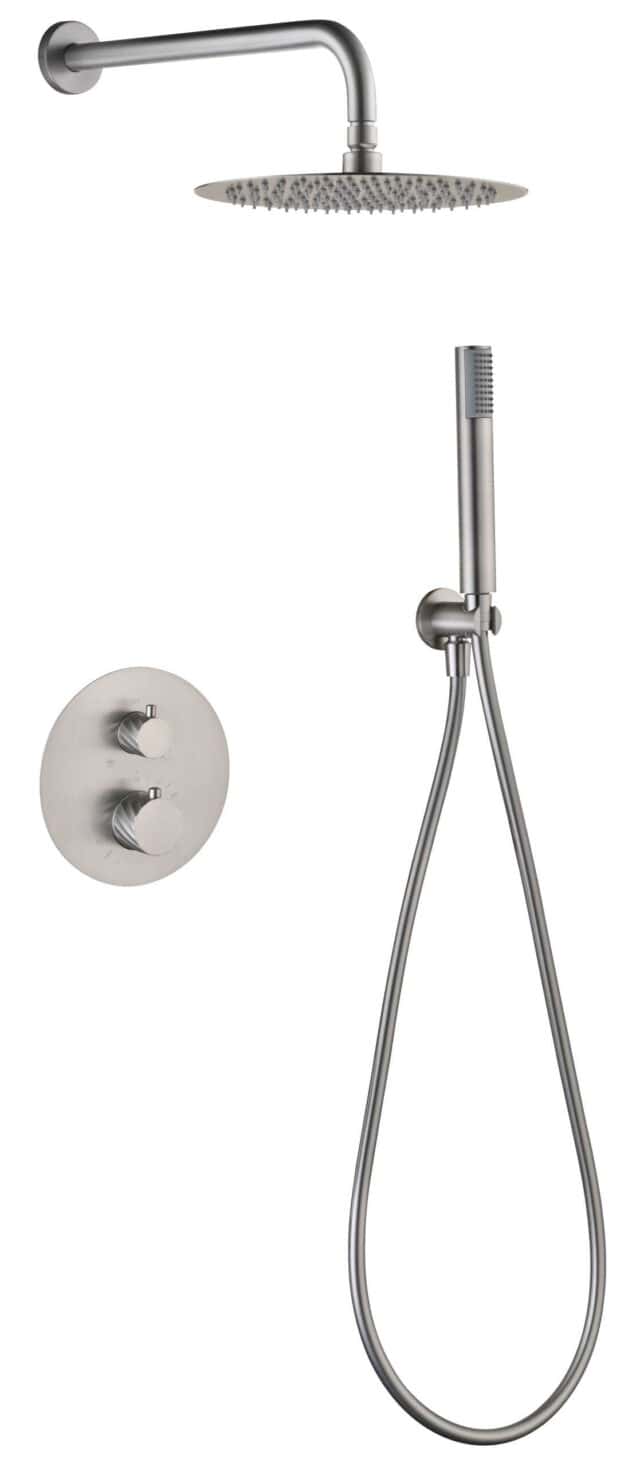 Modernes thermostatisches Unterputz-Duschsystem in gebürstetem Nickel, Kopfbrause Ø25 cm und separatem Handbrausenset. Wandanschluss. Erhältlich in 6 Farben und mit 5 Jahren Garantie. Charakteristisch für die Toscana Serie ist das gedrehte Relief an der B