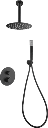 Stilvolles thermostatisches Unterputz-Duschsystem in Mattschwarz, Kopfbrause Ø25 cm und separatem Handbrausenset. Für Deckenmontage ausgeführt. Erhältlich in 6 Farben und mit 5 Jahren Garantie. Charakteristisch für die Toscana Serie ist das gedrehte Relie