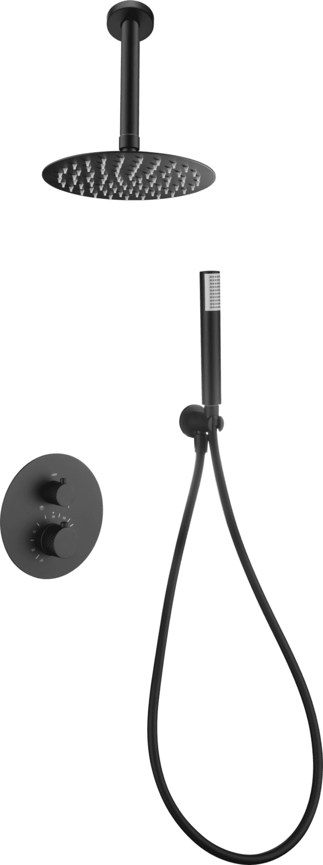 Stilvolles thermostatisches Unterputz-Duschsystem in Mattschwarz, Kopfbrause Ø25 cm und separatem Handbrausenset. Für Deckenmontage ausgeführt. Erhältlich in 6 Farben und mit 5 Jahren Garantie. Charakteristisch für die Toscana Serie ist das gedrehte Relie
