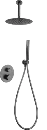 Luxuriöses thermostatisches Unterputz-Duschsystem in Black Gun Metal mit PVD-Beschichtung, Kopfbrause Ø25 cm und separatem Handbrausenset. Für Deckenmontage ausgeführt. Erhältlich in 6 Farben und mit 5 Jahren Garantie. Charakteristisch für die Toscana Ser