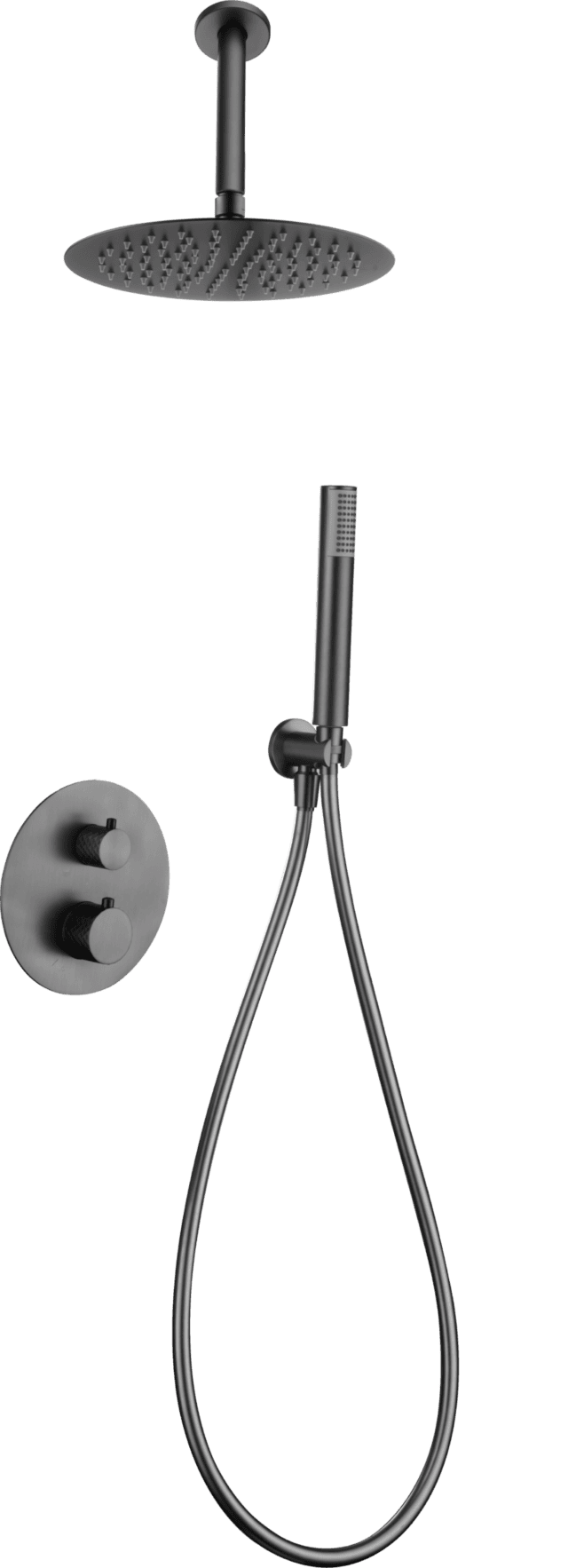 Luxuriöses thermostatisches Unterputz-Duschsystem in Black Gun Metal mit PVD-Beschichtung, Kopfbrause Ø25 cm und separatem Handbrausenset. Für Deckenmontage ausgeführt. Erhältlich in 6 Farben und mit 5 Jahren Garantie. Charakteristisch für die Toscana Ser