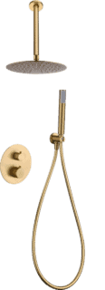 Thermostatisches Unterputz-Duschsystem in gebürstetem Gold mit PVD-Beschichtung, Kopfbrause Ø25 cm und separatem Handbrausenset. Für Deckenmontage ausgeführt. Erhältlich in 6 Farben und mit 5 Jahren Garantie. Charakteristisch für die Toscana Serie ist das