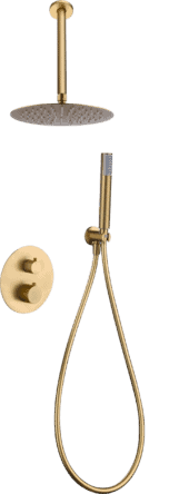 Thermostatisches Unterputz-Duschsystem in gebürstetem Gold mit PVD-Beschichtung, Kopfbrause Ø25 cm und separatem Handbrausenset. Für Deckenmontage ausgeführt. Erhältlich in 6 Farben und mit 5 Jahren Garantie. Charakteristisch für die Toscana Serie ist das