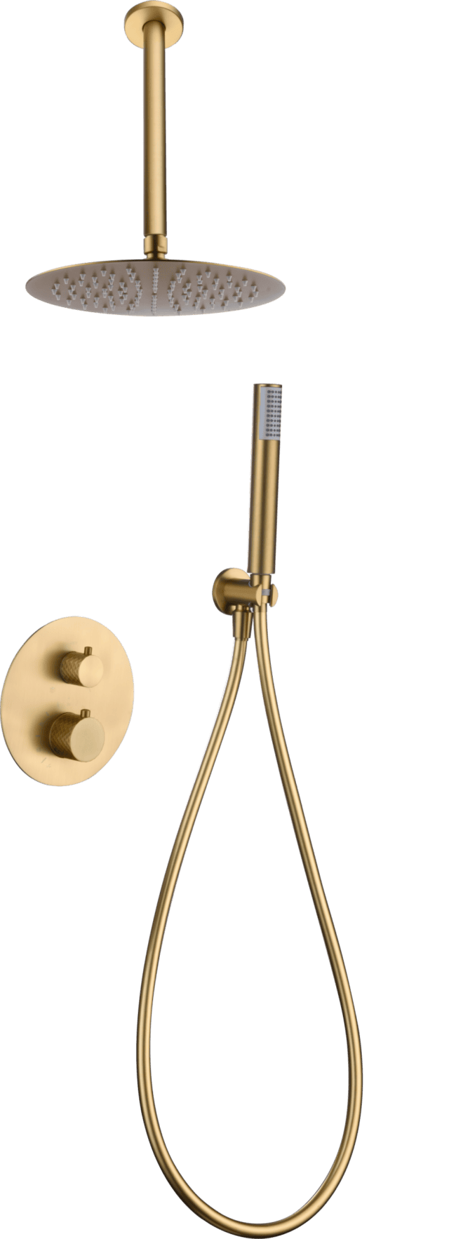 Thermostatisches Unterputz-Duschsystem in gebürstetem Gold mit PVD-Beschichtung, Kopfbrause Ø25 cm und separatem Handbrausenset. Für Deckenmontage ausgeführt. Erhältlich in 6 Farben und mit 5 Jahren Garantie. Charakteristisch für die Toscana Serie ist das