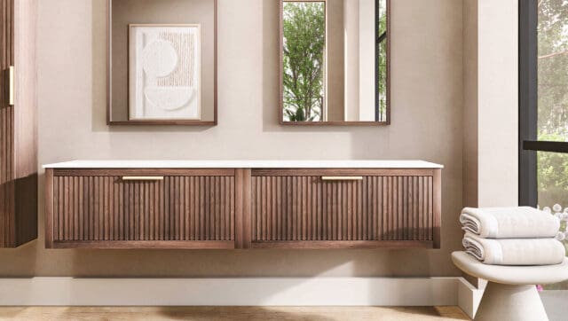 Wandhängendes Badezimmermöbel 200 cm aus dunkler Eiche mit eine Schublade und weißes Solid-Surface-Aufsatzbecken