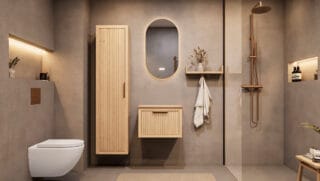 Wandhängendes Badezimmermöbel 60 cm aus Natureiche mit eine Schublade und beige Kalksteinwaschtisch