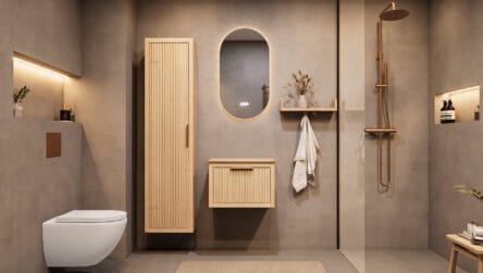 Wandhängendes Badezimmermöbel 60 cm aus Natureiche mit eine Schublade und beige Kalksteinwaschtisch