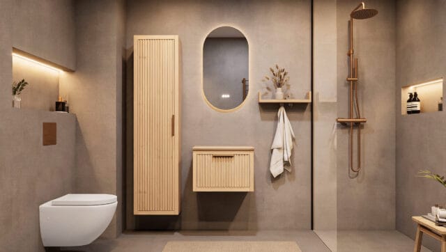 Wandhängendes Badezimmermöbel 60 cm aus Natureiche mit eine Schublade und beige Kalksteinwaschtisch