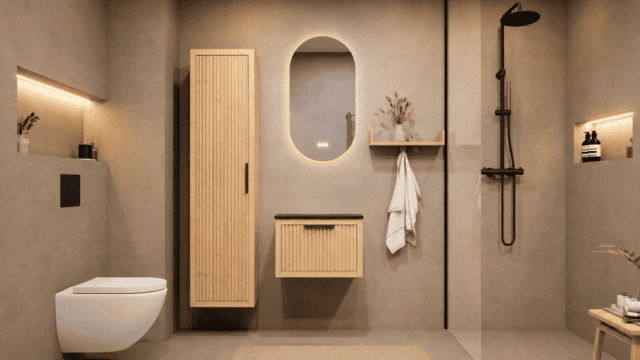 Wandhängendes Badezimmermöbel 60 cm aus Natureiche mit eine Schublade und Granitplatte