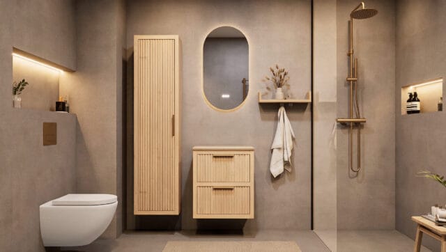 Wandhängendes Badezimmermöbel 60 cm aus Natureiche mit zwei Schubladen und beige Kalksteinwaschtisch (hochwertig)