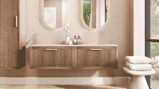 Wandhängendes Natureiche Badezimmermöbel 160 cm mit glatter Front und Kalkstein-Doppelwaschtisch
