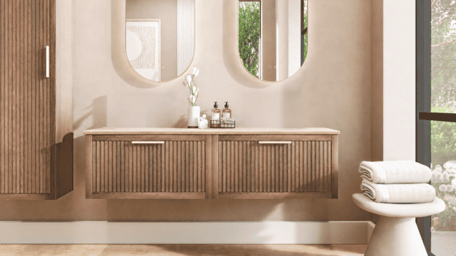 Wandhängendes Natureiche Badezimmermöbel 160 cm mit glatter Front und Kalkstein-Doppelwaschtisch