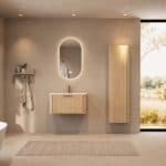Rundes hängendes Badezimmermöbel 80 cm aus Natureiche mit Glattfront und mattweißem Solid-Surface-Waschtisch