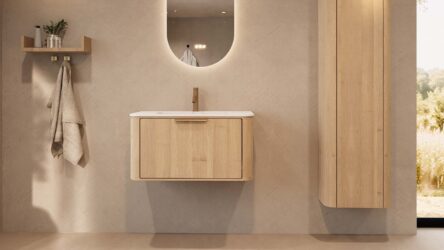 Rundes hängendes Badezimmermöbel 80 cm aus Natureiche mit Glattfront und mattweißem Solid-Surface-Waschtisch