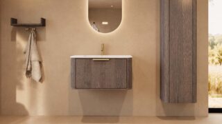 Rundes hängendes Badezimmermöbel 80 cm aus Dunkeleiche mit Glattfront und mattweißem Solid-Surface-Waschtisch