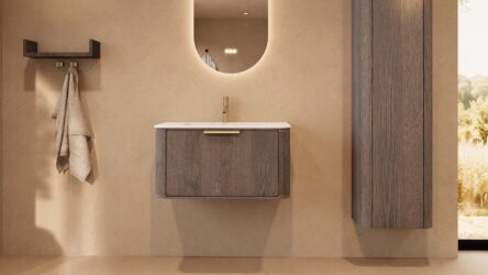 Rundes hängendes Badezimmermöbel 80 cm aus Dunkeleiche mit Glattfront und mattweißem Solid-Surface-Waschtisch