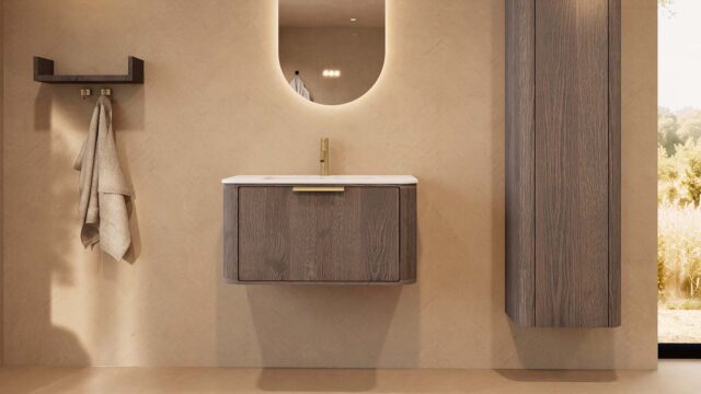 Rundes hängendes Badezimmermöbel 80 cm aus Dunkeleiche mit Glattfront und mattweißem Solid-Surface-Waschtisch