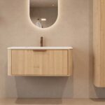 Rundes hängendes Badezimmermöbel 100 cm aus Natureiche mit Glattfront und mattweißem Solid-Surface-Waschtisch