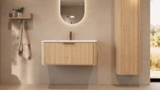 Rundes hängendes Badezimmermöbel 100 cm aus Natureiche mit Glattfront und mattweißem Solid-Surface-Waschtisch