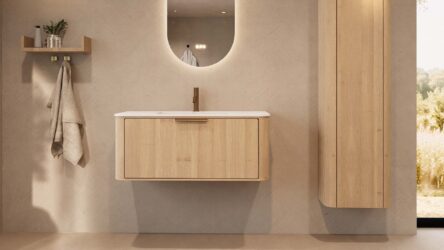 Rundes hängendes Badezimmermöbel 100 cm aus Natureiche mit Glattfront und mattweißem Solid-Surface-Waschtisch