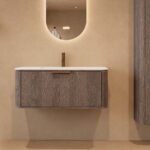 Rundes hängendes Badezimmermöbel 100 cm aus Dunkeleiche mit Glattfront und mattweißem Solid-Surface-Waschtisch
