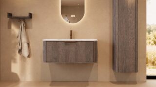 Rundes hängendes Badezimmermöbel 100 cm aus Dunkeleiche mit Glattfront und mattweißem Solid-Surface-Waschtisch