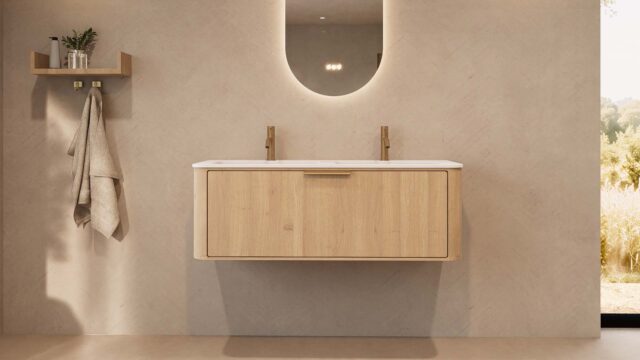 Rundes hängendes Badmöbel 120 cm aus Natureiche mit Glattfront und mattweißem Solid-Surface-Doppelwaschtisch