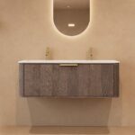 Rundes hängendes Badmöbel 120 cm aus Dunkeleiche mit Glattfront und mattweißem Solid-Surface-Doppelwaschtisch