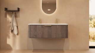 Rundes hängendes Badmöbel 120 cm aus Dunkeleiche mit Glattfront und mattweißem Solid-Surface-Doppelwaschtisch