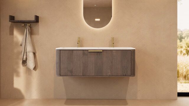 Rundes hängendes Badmöbel 120 cm aus Dunkeleiche mit Glattfront und mattweißem Solid-Surface-Doppelwaschtisch