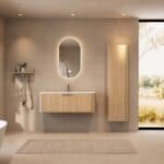 Rundes hängendes Badezimmermöbel 120 cm aus Natureiche mit Glattfront und mattweißem Solid-Surface-Waschtisch