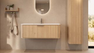Rundes hängendes Badezimmermöbel 120 cm aus Natureiche mit Glattfront und mattweißem Solid-Surface-Waschtisch