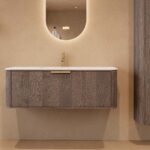 Rundes hängendes Badezimmermöbel 120 cm aus Dunkeleiche mit Glattfront und mattweißem Solid-Surface-Waschtisch