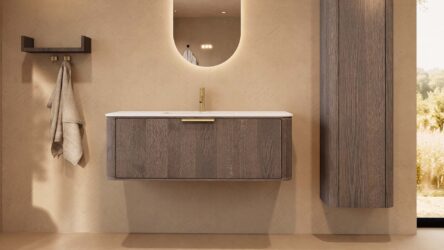 Rundes hängendes Badezimmermöbel 120 cm aus Dunkeleiche mit Glattfront und mattweißem Solid-Surface-Waschtisch