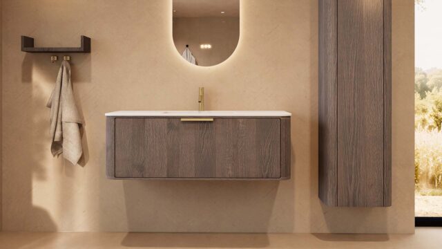 Rundes hängendes Badezimmermöbel 120 cm aus Dunkeleiche mit Glattfront und mattweißem Solid-Surface-Waschtisch