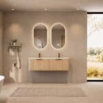 Rundes hängendes Badezimmermöbel 140 cm aus Natureiche mit Glattfront und mattweißem Solid-Surface-Doppelwaschtisch