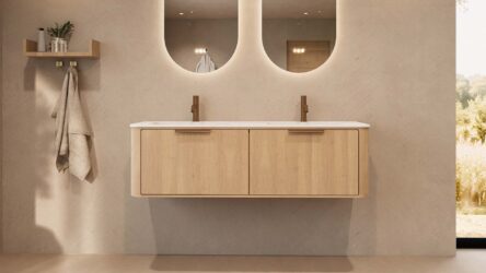 Rundes hängendes Badezimmermöbel 140 cm aus Natureiche mit Glattfront und mattweißem Solid-Surface-Doppelwaschtisch