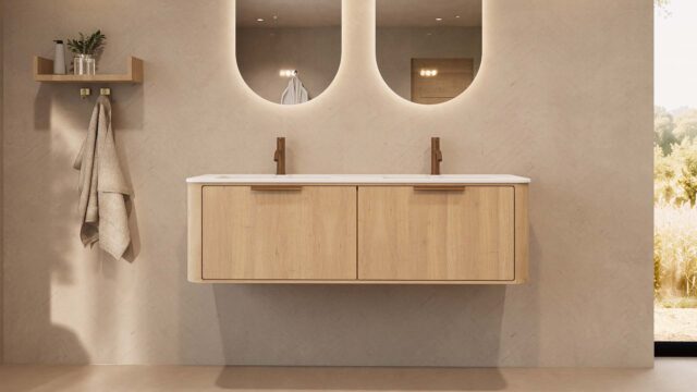 Rundes hängendes Badezimmermöbel 140 cm aus Natureiche mit Glattfront und mattweißem Solid-Surface-Doppelwaschtisch
