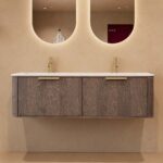 Rundes hängendes Badezimmermöbel 140 cm aus Dunkeleiche mit Glattfront und mattweißem Solid-Surface-Doppelwaschtisch