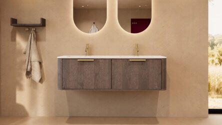Rundes hängendes Badezimmermöbel 140 cm aus Dunkeleiche mit Glattfront und mattweißem Solid-Surface-Doppelwaschtisch