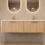 Rundes hängendes Badezimmermöbel 160 cm aus Natureiche mit Glattfront und mattweißem Solid-Surface-Doppelwaschtisch